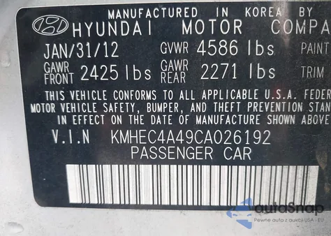 2012 Hyundai Sonata Hybrid z USA, uszkodzony, nr VIN KMHEC4A49CA026192